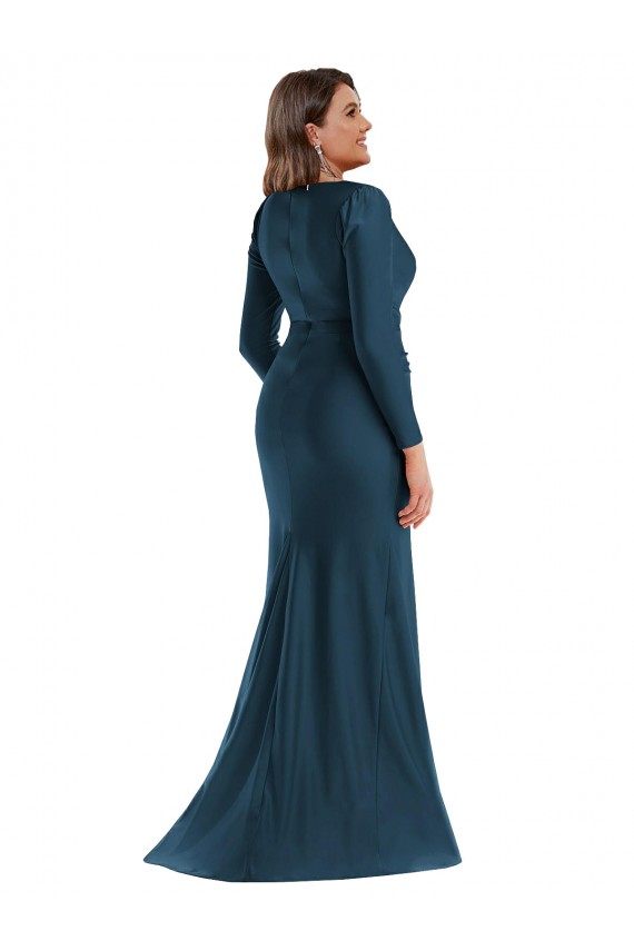 Vendedor de Decote V Cetim Sedoso Mangas Compridas Azul Atlântico Vestidos de Madrinha / Vestidos de Noite / Vestidos de Festa