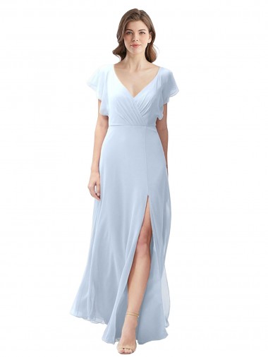 Vendedor de Decote V Chiffon Mangas Esvoaçantes Abrir de volta Azul Céu Claro Vestidos de Madrinha