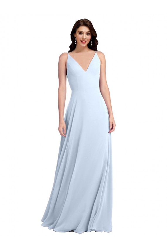Vendedor de Decote V Chiffon Sem Mangas Buraco da fechadura Azul Céu Claro Vestidos de Festa