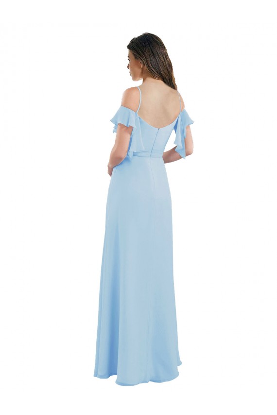 Vendedor de Alças finas Chiffon Ombro Frio Lombar Azul Céu Claro Vestidos de Madrinha