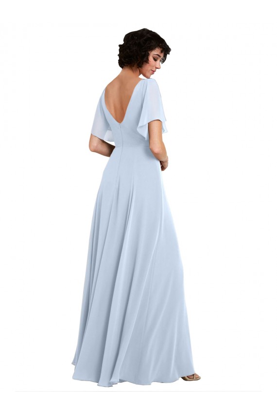 Vendedor de Decote V Chiffon Mangas Esvoaçantes, Mangas Divididas Costas em V Azul Céu Claro Vestidos de Madrinha