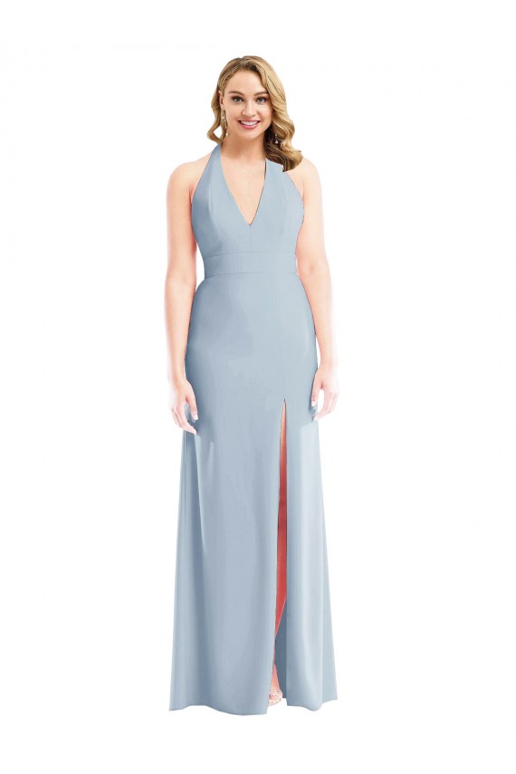 Vendedor de Cabeçada Crepe Esticado Sem Mangas Abrir de volta Azul Céu Claro Longo Vestidos de Madrinha / Vestidos de Festa