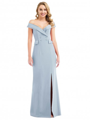 Vendedor de Fora do Ombro Crepe Esticado Sem Mangas Azul Céu Claro Longo Vestidos de Madrinha / Vestidos de Festa