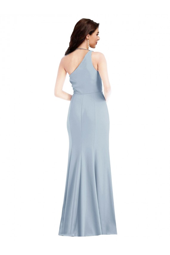 Vendedor de Um Ombro Crepe Esticado Sem Mangas Azul Céu Claro Longo Vestidos de Madrinha / Vestidos de Festa