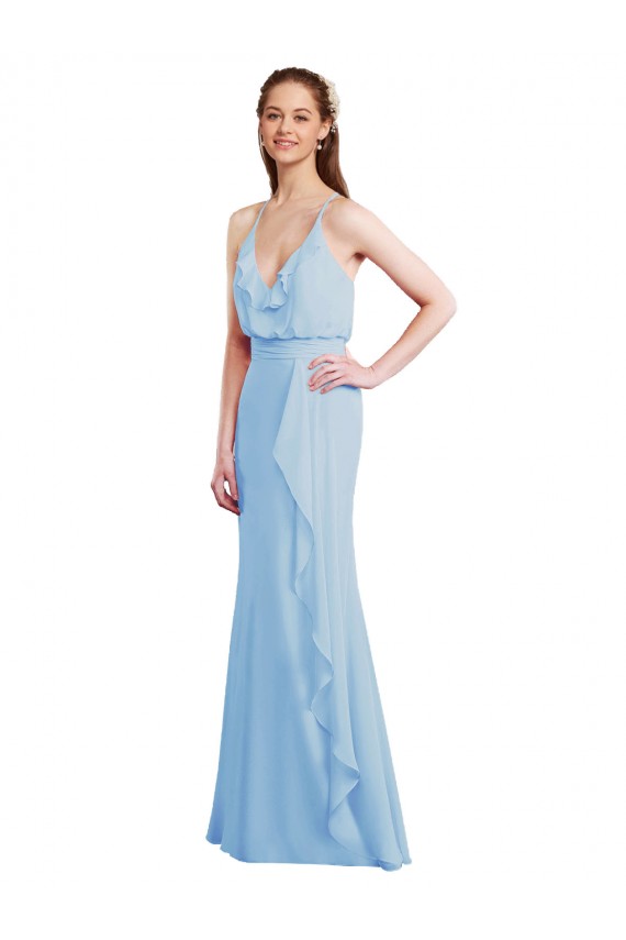 Vendedor de Alças finas Chiffon Sem Mangas Lombar Azul Céu Claro Vestidos de Madrinha