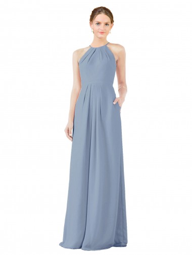 Vendedor de Cabeçada Chiffon Sem Mangas Buraco da fechadura Azul Empoeirado Longo Vestidos de Madrinha