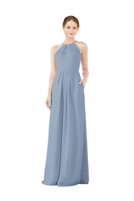 Vendedor de Cabeçada Chiffon Sem Mangas Buraco da fechadura Azul Empoeirado Longo Vestidos de Madrinha