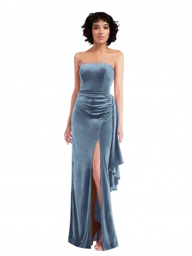 Vendedor de Sem alças Veludo Elástico Sem Mangas Lombar Azul Empoeirado Vestidos de Madrinha / Vestidos de Noite / Vestidos de Festa