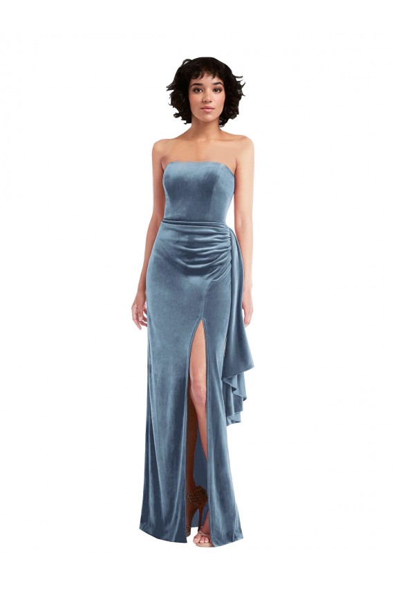 Vendedor de Sem alças Veludo Elástico Sem Mangas Lombar Azul Empoeirado Vestidos de Madrinha / Vestidos de Noite / Vestidos de Festa