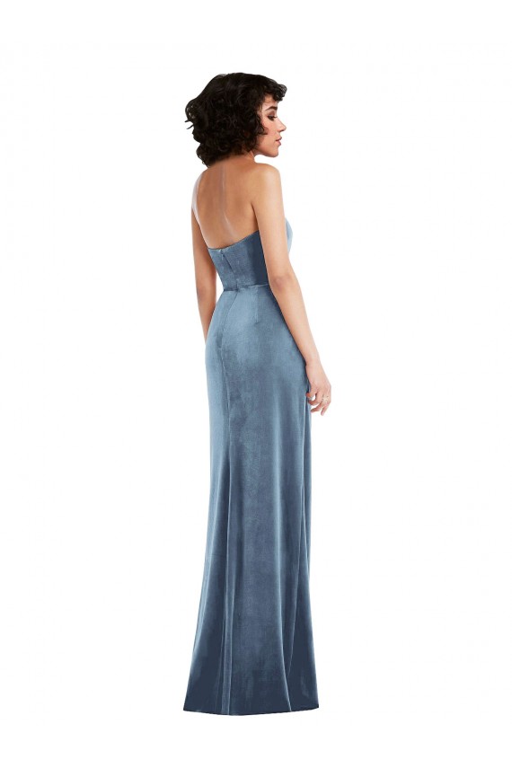 Vendedor de Sem alças Veludo Elástico Sem Mangas Lombar Azul Empoeirado Vestidos de Madrinha / Vestidos de Noite / Vestidos de Festa