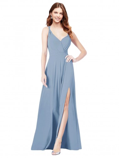 Vendedor de Alças finas Chiffon Sem Mangas Buraco da fechadura Azul Empoeirado Vestidos de Madrinha