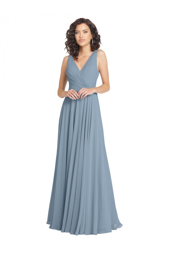 Vendedor de Decote V Chiffon Sem Mangas Costas em V Azul Empoeirado Vestidos de Festa / Vestidos de Madrinha