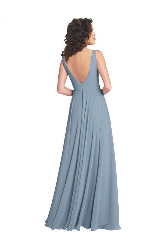 Vendedor de Decote V Chiffon Sem Mangas Costas em V Azul Empoeirado Vestidos de Festa / Vestidos de Madrinha