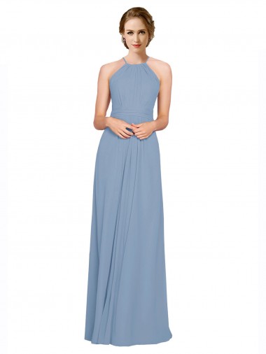 Vendedor de Cabeçada Chiffon Sem Mangas Abrir de volta Azul Empoeirado Vestidos de Madrinha