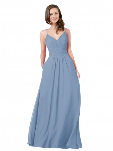 Vendedor de Decote V Chiffon Sem Mangas Criss Cruz Azul Empoeirado Vestidos de Madrinha