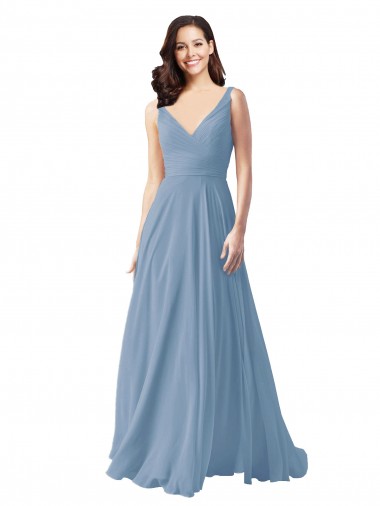 Vendedor de Decote V Chiffon Sem Mangas Azul Empoeirado Vestido de Noite / Vestidos de Madrinha