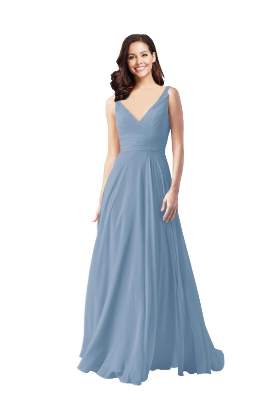 Vendedor de Decote V Chiffon Sem Mangas Azul Empoeirado Vestido de Noite / Vestidos de Madrinha