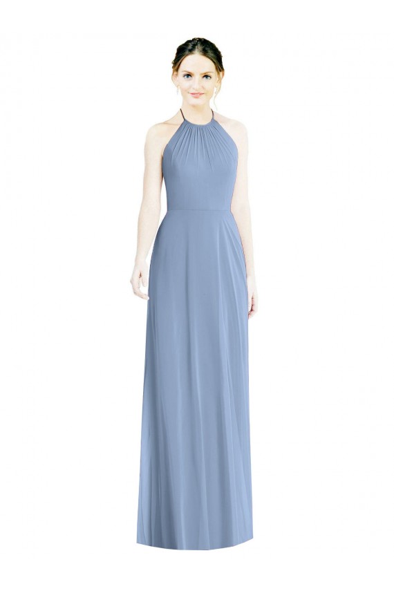 Vendedor de Cabeçada Chiffon Sem Mangas Lombar Azul Empoeirado Vestidos de Madrinha