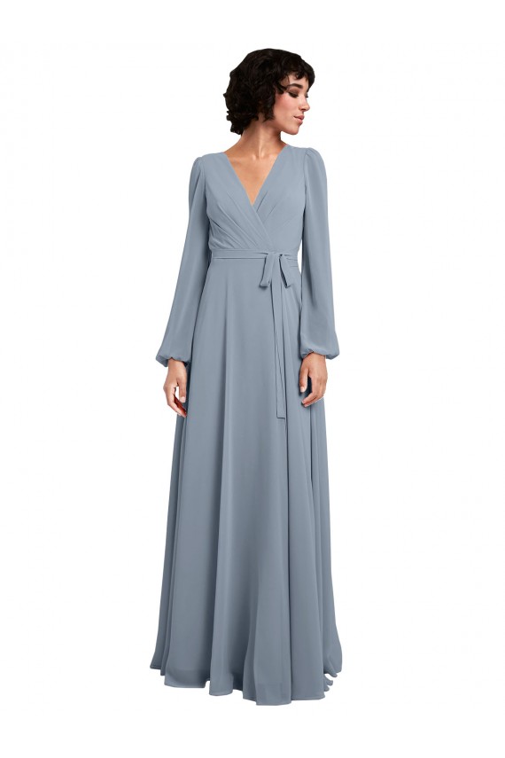 Vendedor de Decote V Chiffon Mangas Compridas Azul Empoeirado Vestidos de Madrinha
