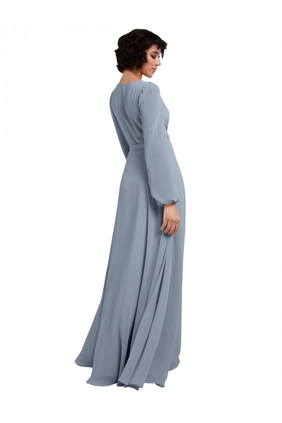 Vendedor de Decote V Chiffon Mangas Compridas Azul Empoeirado Vestidos de Madrinha