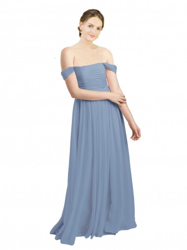 Vendedor de Fora do Ombro Chiffon Sem Mangas Abrir de volta Azul Empoeirado Vestidos de Madrinha