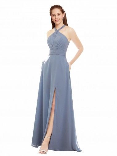 Vendedor de Cabeçada Chiffon Sem Mangas Azul Empoeirado Vestidos de Festa