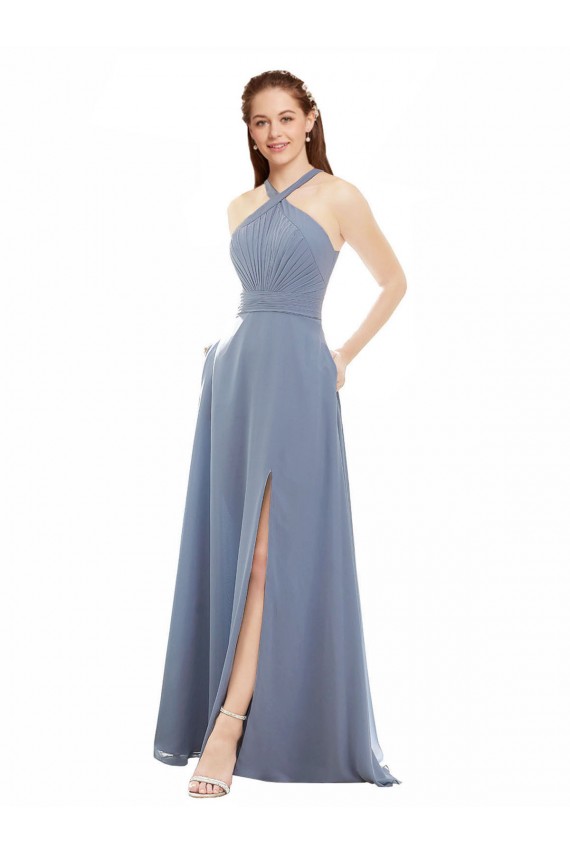 Vendedor de Cabeçada Chiffon Sem Mangas Azul Empoeirado Vestidos de Festa