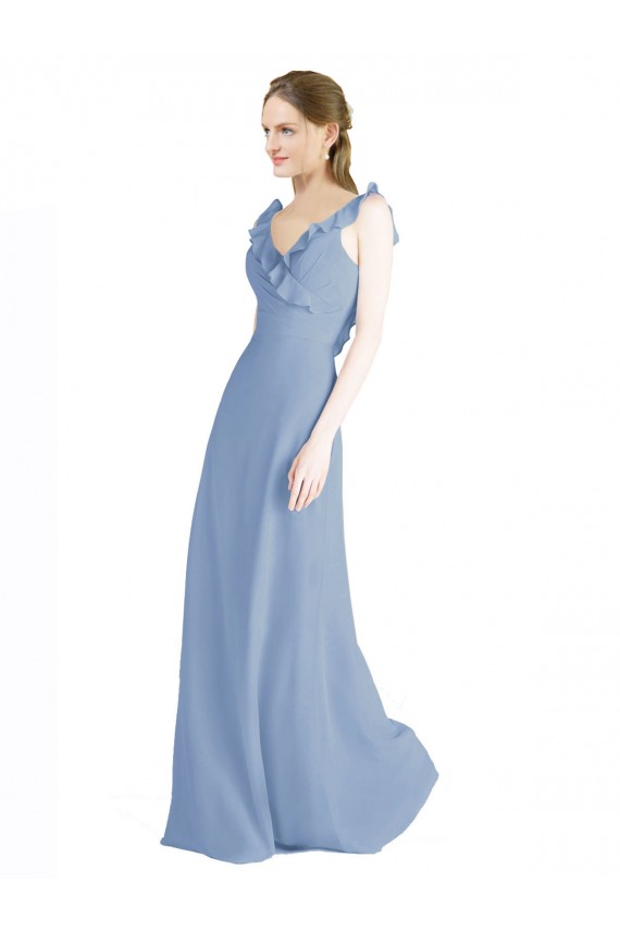 Vendedor de Decote V Chiffon Sem Mangas Abrir de volta Azul Empoeirado Vestidos de Madrinha