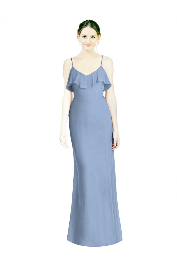 Vendedor de Alças finas Chiffon Sem Mangas Abrir de volta Azul Empoeirado Vestidos de Madrinha