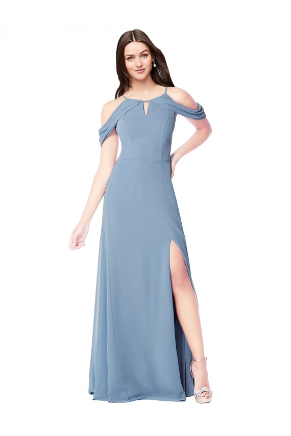 Vendedor de Fora do Ombro Chiffon Sem Mangas Azul Empoeirado Vestidos de Madrinha