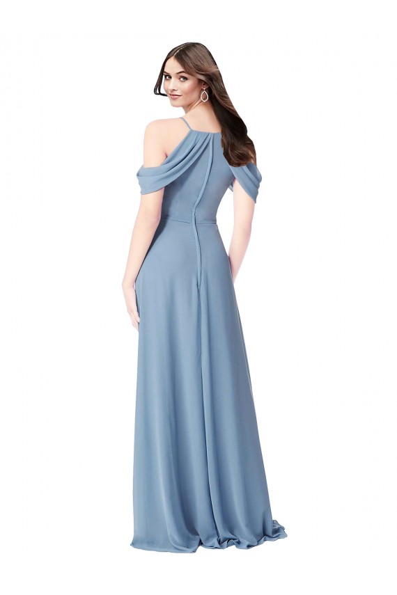 Vendedor de Fora do Ombro Chiffon Sem Mangas Azul Empoeirado Vestidos de Madrinha