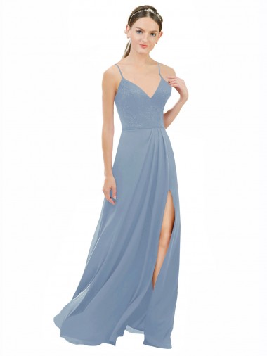 Vendedor de Alças finas Chiffon & Renda Sem Mangas Abrir de volta Azul Empoeirado Vestidos de Madrinha