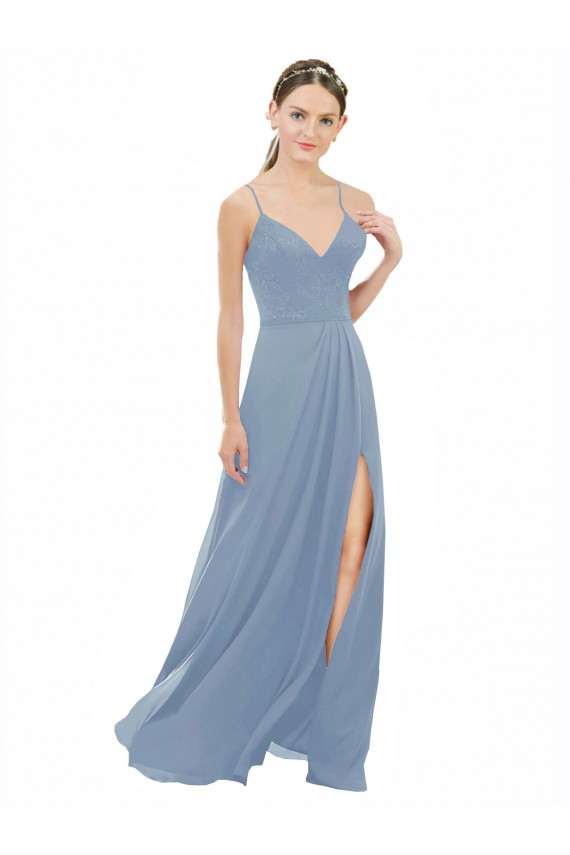 Vendedor de Alças finas Chiffon & Renda Sem Mangas Abrir de volta Azul Empoeirado Vestidos de Madrinha