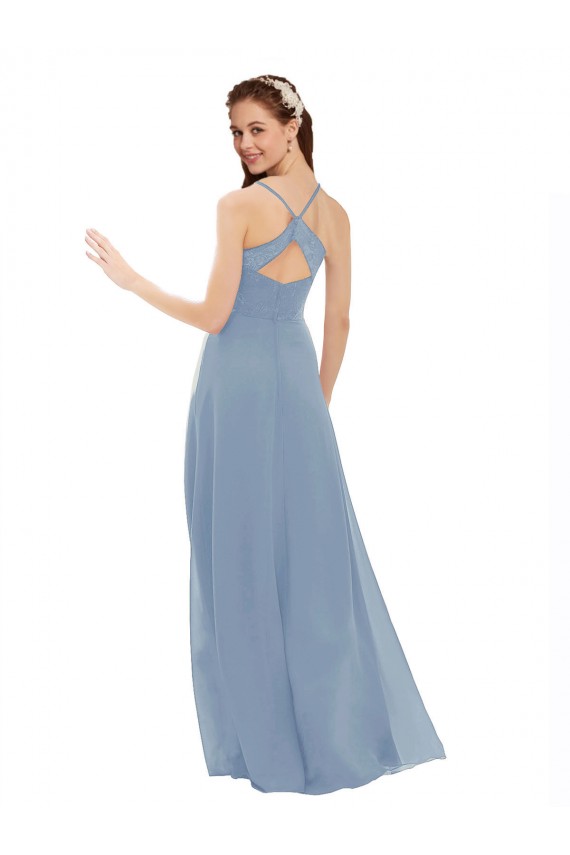 Vendedor de Alças finas Chiffon & Renda Sem Mangas Abrir de volta Azul Empoeirado Vestidos de Madrinha