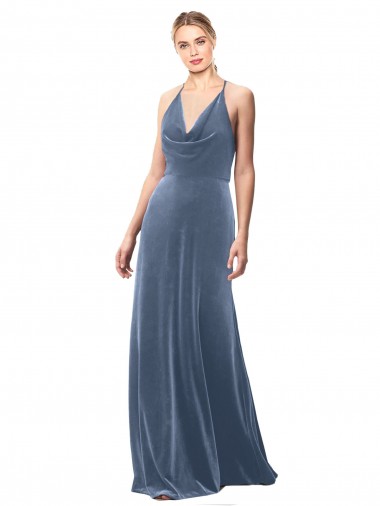 Vendedor de Alças finas Veludo Elástico Sem Mangas Buraco da fechadura Azul Empoeirado Vestidos de Madrinha / Vestidos de Festa