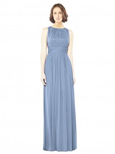 Vendedor de Barco Chiffon Sem Mangas Abrir de volta Azul Empoeirado Vestidos de Madrinha