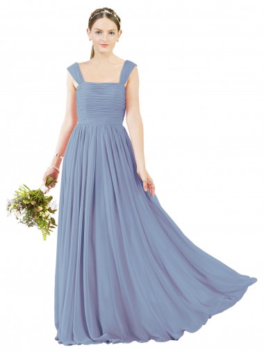 Vendedor de Decote Quadrado Chiffon Sem Mangas Abrir de volta Azul Empoeirado Vestidos de Madrinha