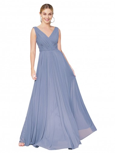 Vendedor de Decote V Chiffon Sem Mangas Costas em V Azul Empoeirado Vestido de Madrinha / Vestido de Noite / Vestido de Festa