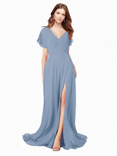 Vendedor de Decote V Chiffon Mangas Curtas Azul Empoeirado Vestidos de Madrinha / Vestidos de Festa