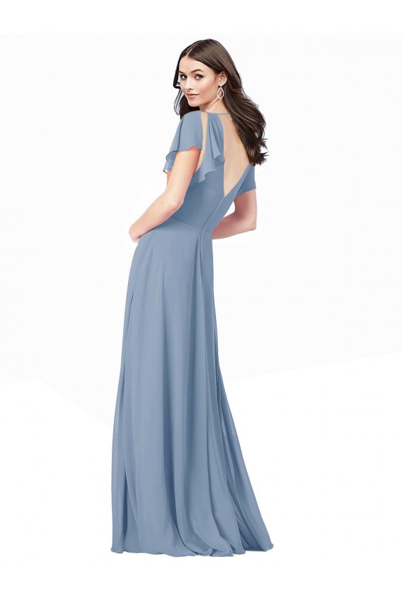 Vendedor de Decote V Chiffon Mangas Curtas Azul Empoeirado Vestidos de Madrinha / Vestidos de Festa