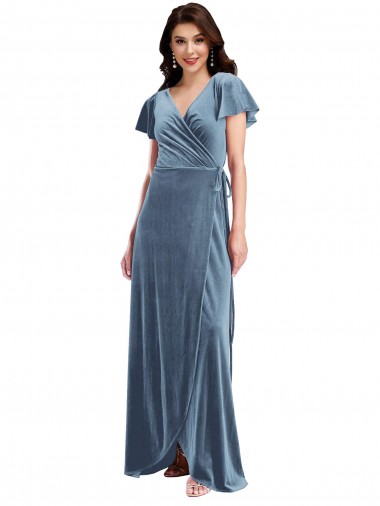 Vendedor de Decote V Veludo Elástico Mangas Esvoaçantes Azul Empoeirado Vestidos de Madrinha / Vestidos de Festa