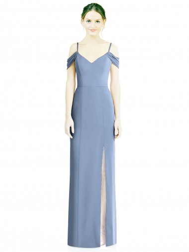 Vendedor de Fora do Ombro Chiffon Ombro Frio Abrir de volta Azul Empoeirado Vestidos de Madrinha / Vestidos de Noite
