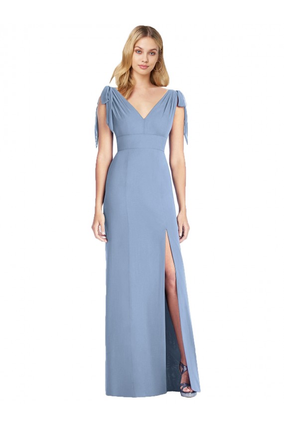 Vendedor de Decote V Chiffon Sem Mangas Costas em V Azul Empoeirado Longo Vestidos de Madrinha