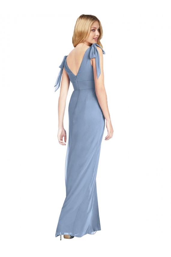 Vendedor de Decote V Chiffon Sem Mangas Costas em V Azul Empoeirado Longo Vestidos de Madrinha