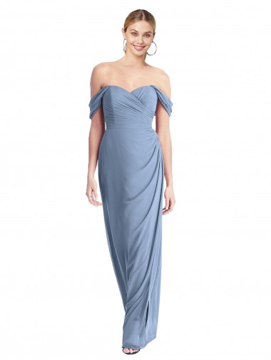 Vendedor de Fora do Ombro Chiffon Sem Mangas Lombar Azul Empoeirado Vestidos de Madrinha