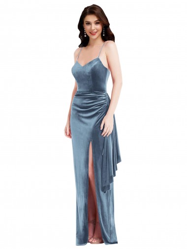 Vendedor de Alças finas Veludo Elástico Sem Mangas Lombar Azul Empoeirado Vestidos de Madrinha / Vestidos de Noite / Vestidos de Festa