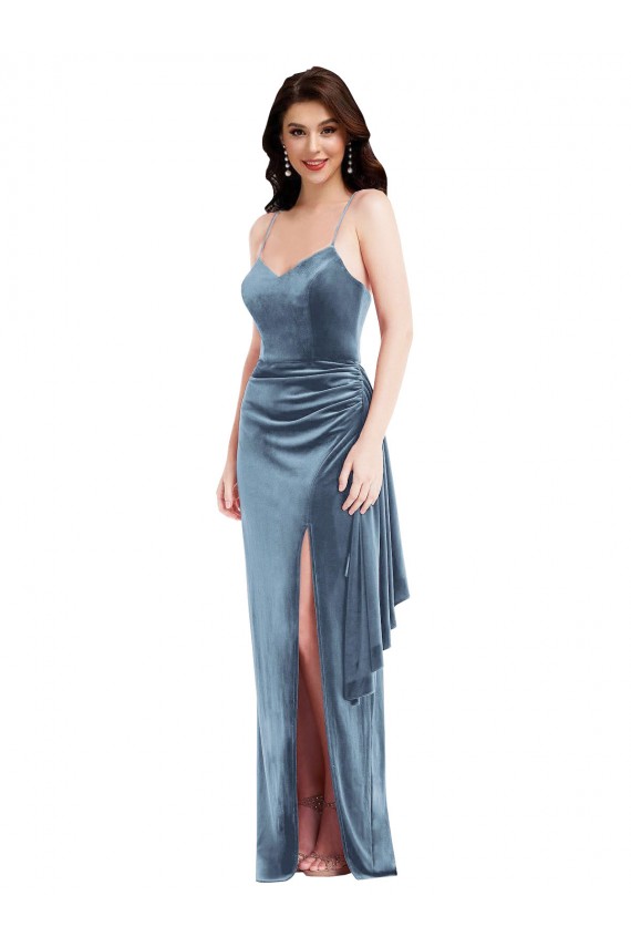 Vendedor de Alças finas Veludo Elástico Sem Mangas Lombar Azul Empoeirado Vestidos de Madrinha / Vestidos de Noite / Vestidos de Festa