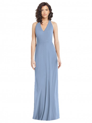 Vendedor de Cabeçada Chiffon Sem Mangas Abrir de volta Azul Empoeirado Vestidos de Madrinha / Vestidos de Noite
