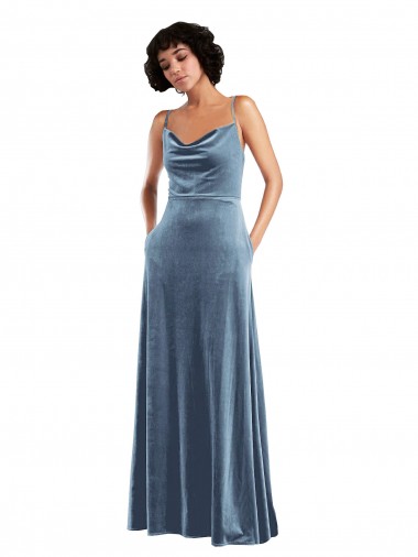 Vendedor de Decote Capuz Veludo Elástico Sem Mangas Abrir de volta Azul Empoeirado Vestidos de Madrinha / Vestidos de Festa