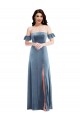 Vendedor de Fora do Ombro Veludo Elástico Mangas Folhos Lombar Azul Empoeirado Vestidos de Madrinha / Vestidos de Festa